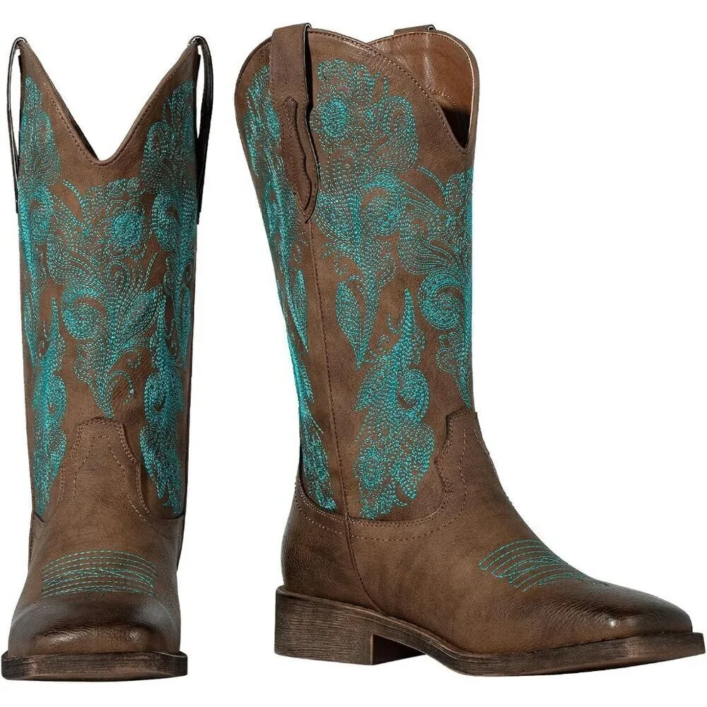 Women Dark-Brown Square Toe Calf High Fashion Western Embroidered Cowgirl Boots - Picture 8 of 9